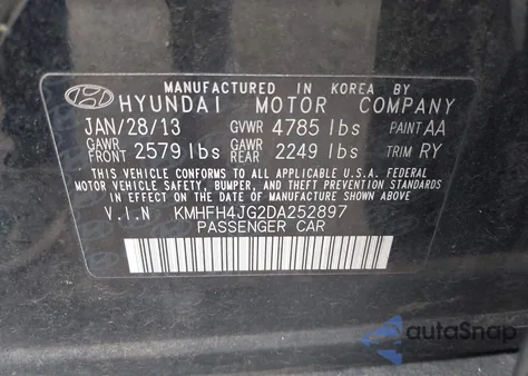 2013 Hyundai Azera z USA, uszkodzony, nr VIN KMHFH4JG2DA252897